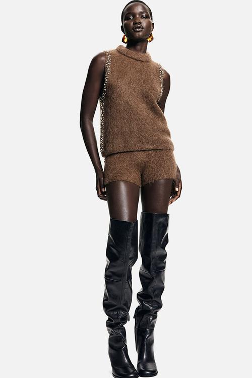 Rhinestone-embellished top - brown