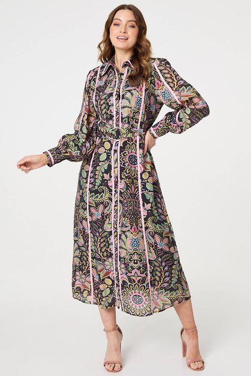 Flower printed with contrats piping midi Dress - Multi Black