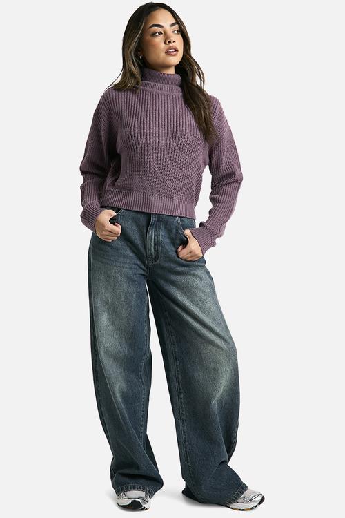 Basic Roll Neck Crop Jumper - purple