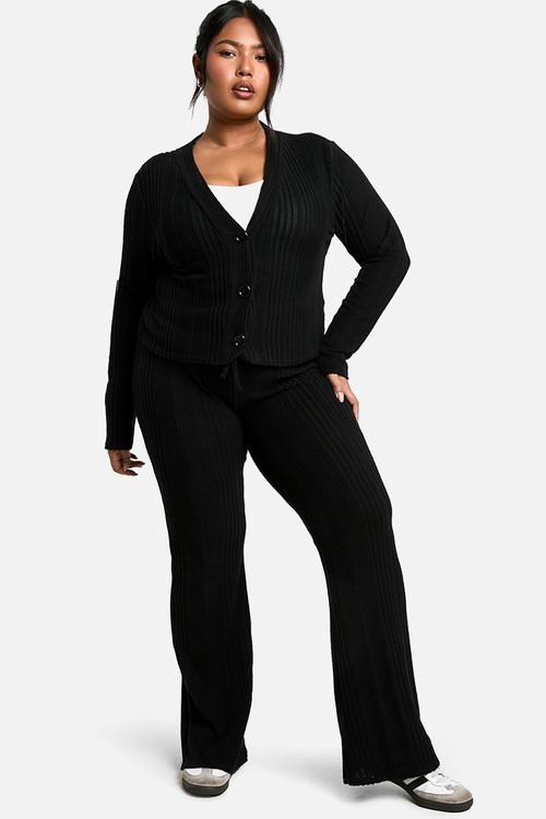 Plus Soft Rib Cardigan And Drawstring Trouser Knitted Set - Black