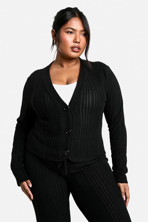Plus Soft Rib Cardigan And Drawstring Trouser Knitted Set - Black