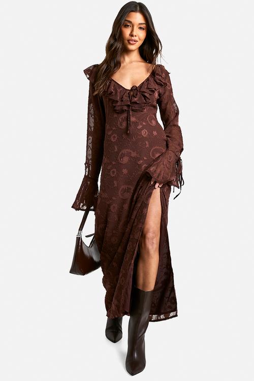 Paisley Textured Flare Sleeve Maxi Dress - chocolate