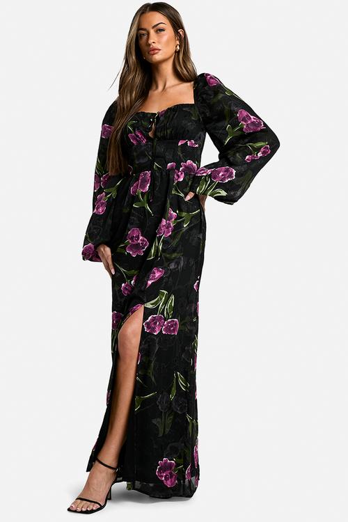Floral Burnout Milkmaid Maxi Dress - Black