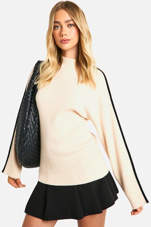 Knitted Blanket Stitch Detail Crew Neck Oversized Jumper - Ecru