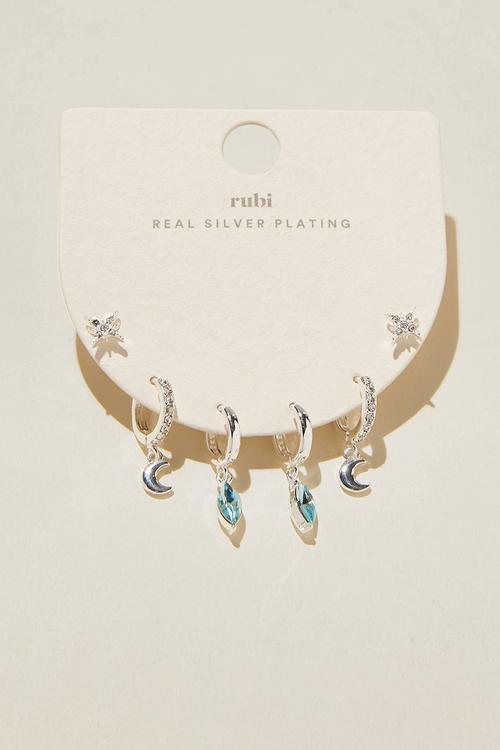 3 Pack small earring- silver plated dia aqua moon