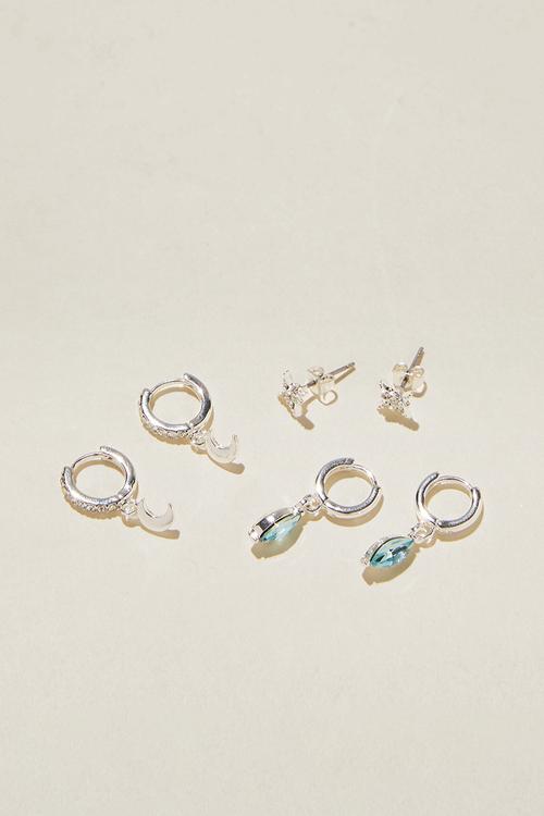 3 Pack small earring- silver plated dia aqua moon