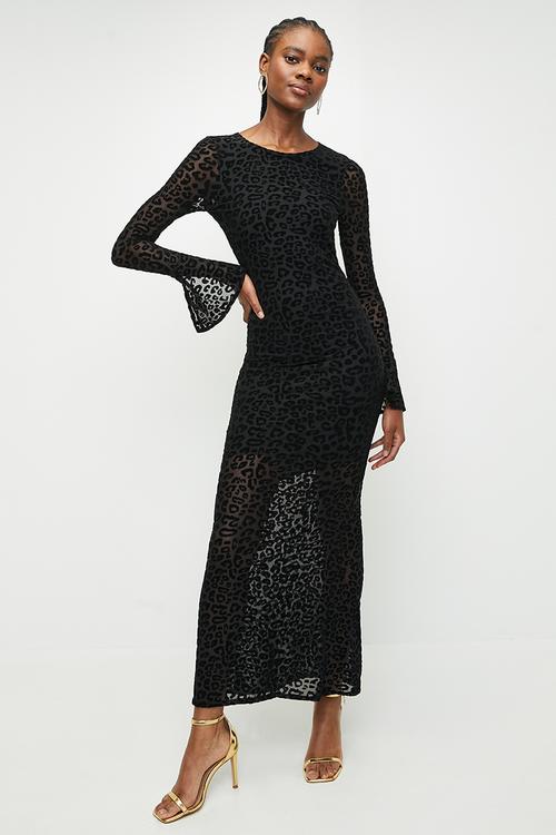 Flock printed tulle midi length lined - black