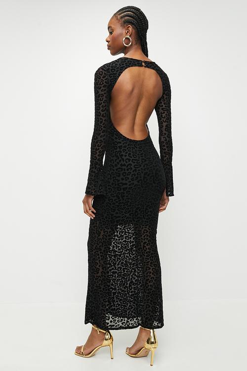 Flock printed tulle midi length lined - black