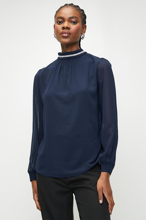 Silver neck trimmed blouse - Navy
