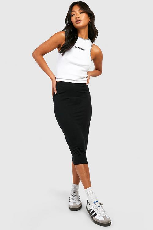 Basic Solid Black High Waisted Midi Skirt - Black