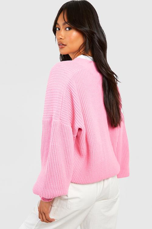 Balloon Sleeve Button Through Rib Cardigan - Pink