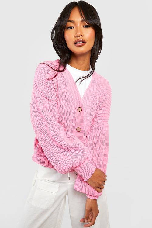 Balloon Sleeve Button Through Rib Cardigan - Pink