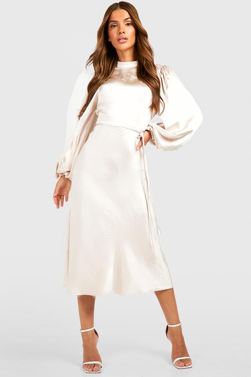 Satin High Neck Balloon Sleeve Midi Dress - Champagne