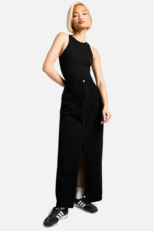 Basic Split Front Denim Maxi Skirt - Washed Black