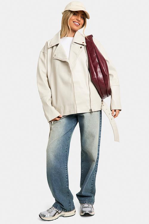 Super Oversized Belted Biker Jacket - Stone