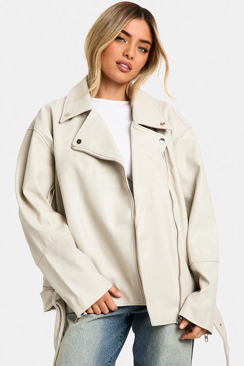 Super Oversized Belted Biker Jacket - Stone