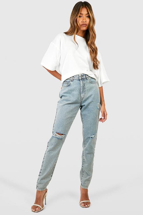 Basics 32 Inch Leg High Waisted Ripped Mom Jeans - Washed Blue