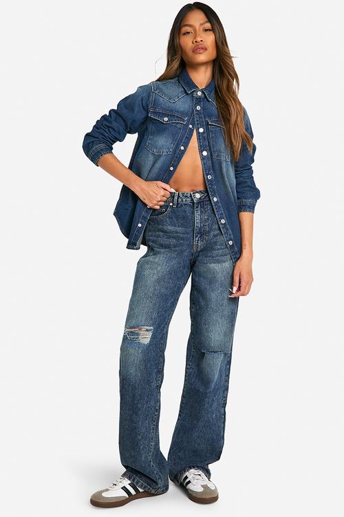 Basics Ripped Knee Boyfriend Jeans - Vintage Blue