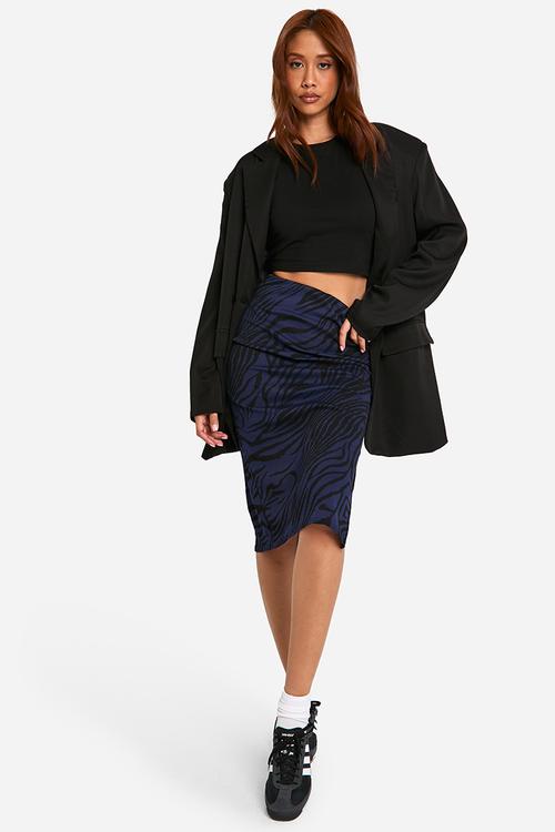 Zebra Print Rib Side Split Midi Skirt - Navy