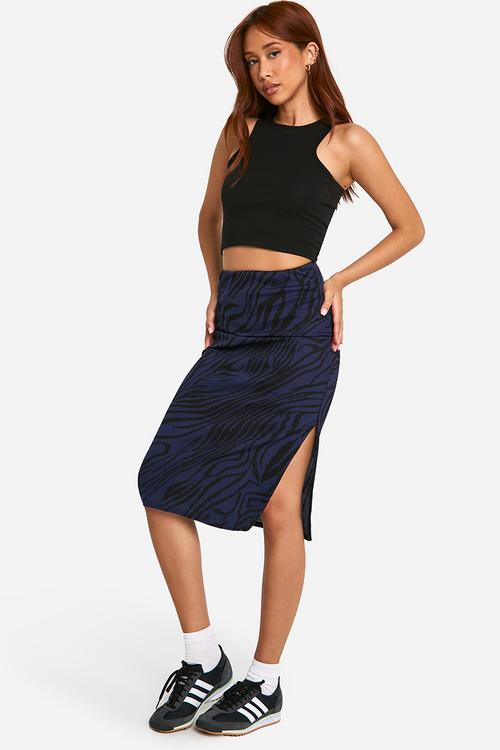 Zebra Print Rib Side Split Midi Skirt - Navy