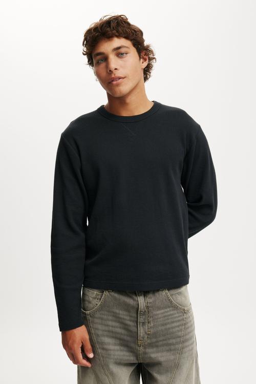 Cropped Fit Textured Long Sleeve - Washed Black Waffle