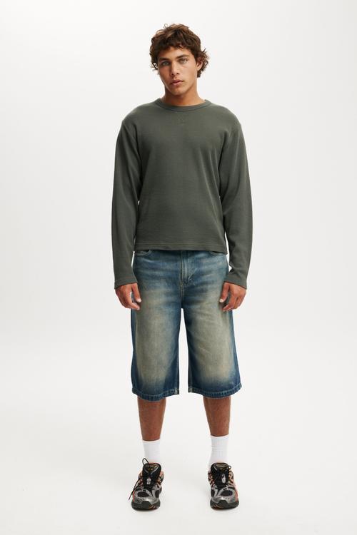 Cropped Fit Textured Long Sleeve - Army Waffle