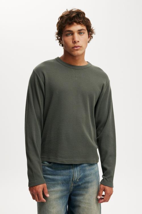 Cropped Fit Textured Long Sleeve - Washed Black Waffle
