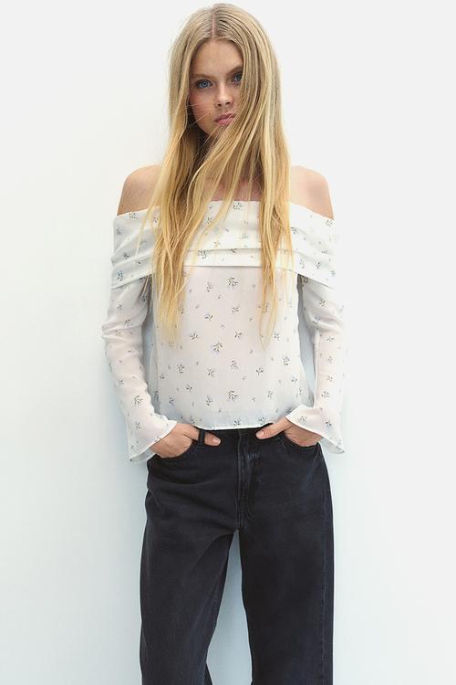 Off-the-shoulder chiffon top - white,multi