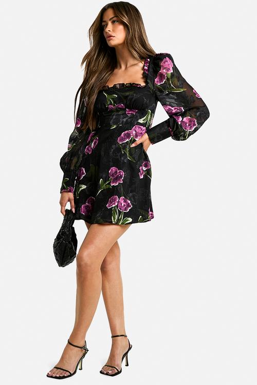 Floral Burnout Milkmaid Dress - Black