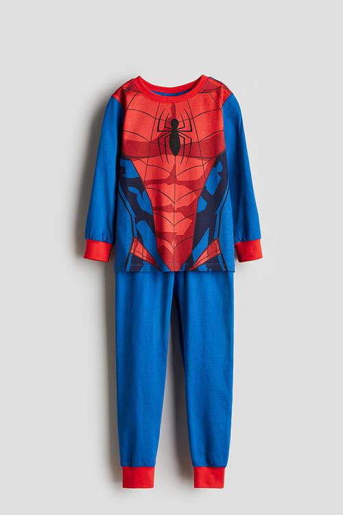 Printed cotton jersey pyjamas - blue/spider-man