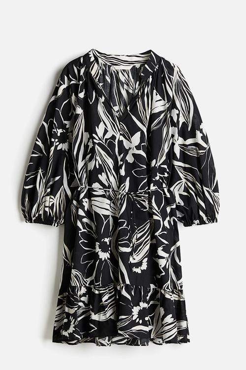 Voluminous tie-belt dress - black floral