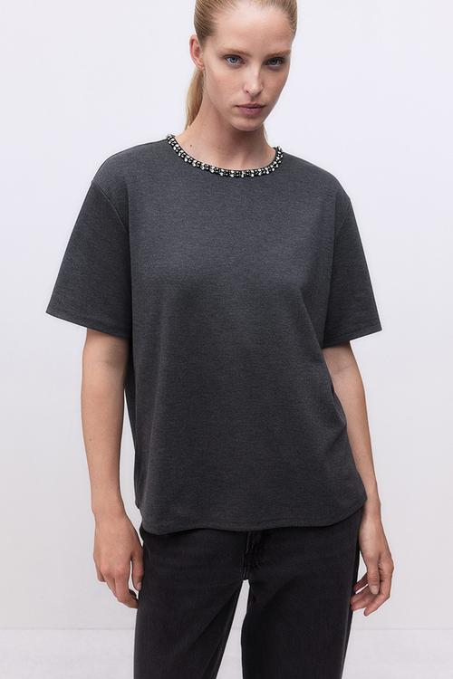 Embellished T-shirt - dark grey marl 