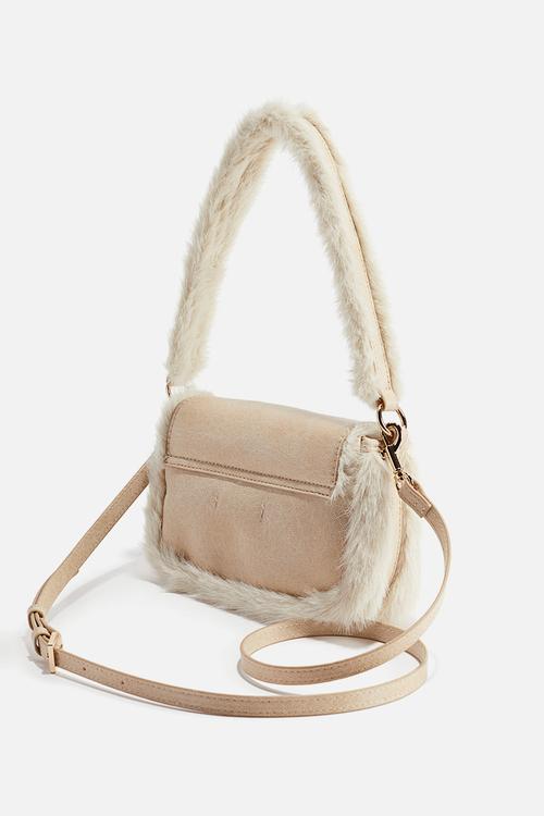 Fluffy-trim crossbody bag - light beige