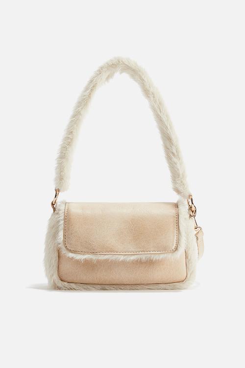 Fluffy-trim crossbody bag - light beige