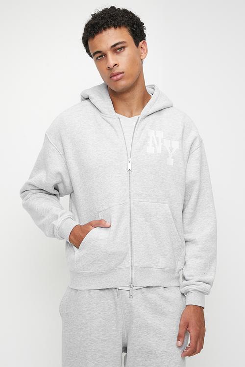 Box Fit Graphic Zip Up Hoodie - Grey Marle/Ny