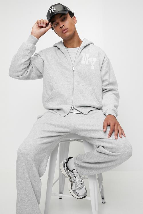 Box Fit Graphic Zip Up Hoodie - Grey Marle/Ny