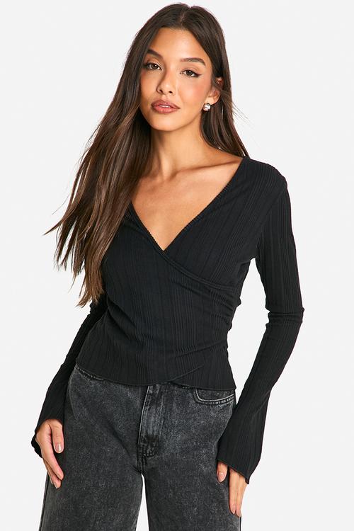 Brushed Rib Wrap Front Long Sleeve Top - Black
