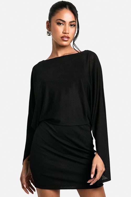 Boat Neck Flare Sleeve Mini Dress - Black