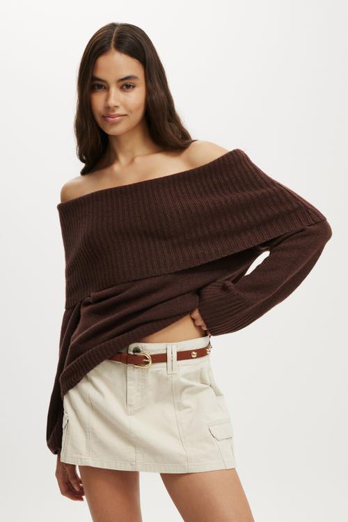 Luxe off shoulder pullover - dark oak