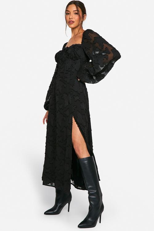Burnout Floral Milkmaid Skater Dress - Black
