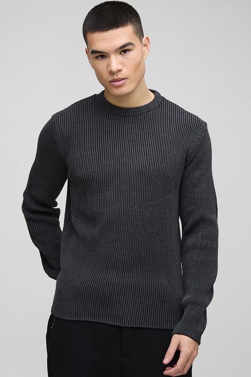 Regular Crew Neck Plated Ribbed Knit Jumper - Black