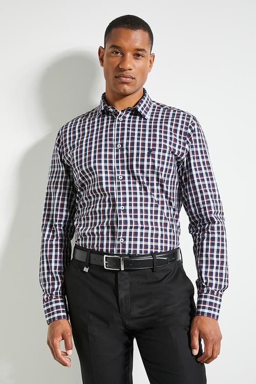 Mens Long Sleeve Micro Print Shirt  - Navy