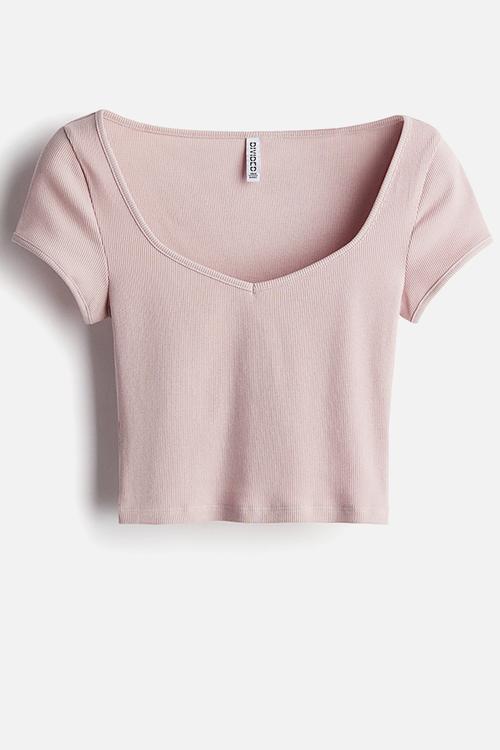 Ribbed sweetheart-neck T-shirt - pink