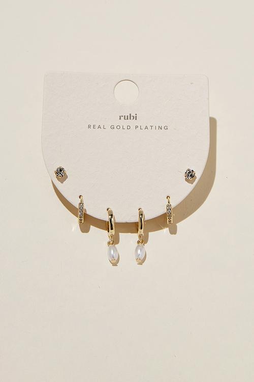 3 pack small earring- gold plated fine pearl diamante