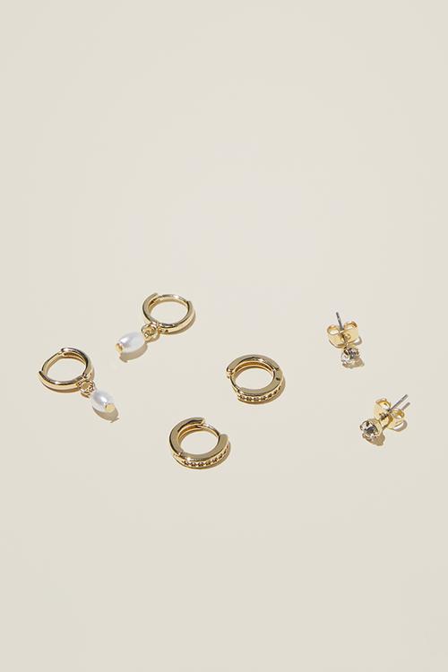 3 pack small earring- gold plated fine pearl diamante