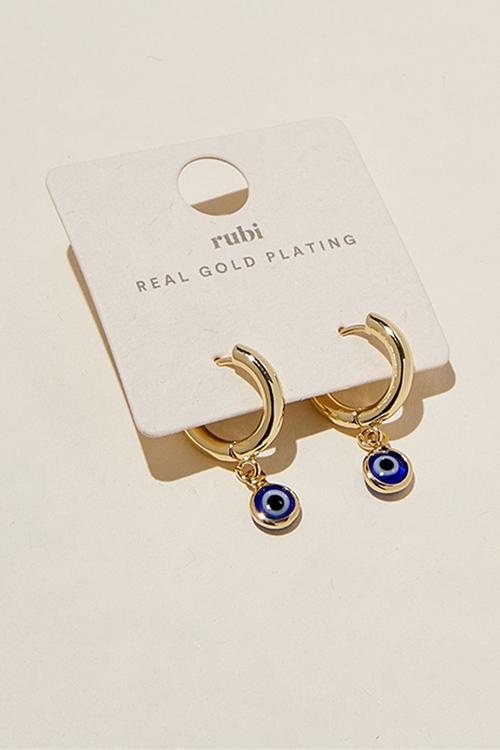 Huggie hoop earring- gold plated glass evil eye