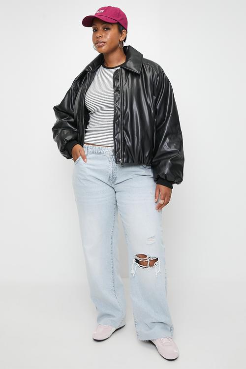 Plus  faux leather puff jacket - black