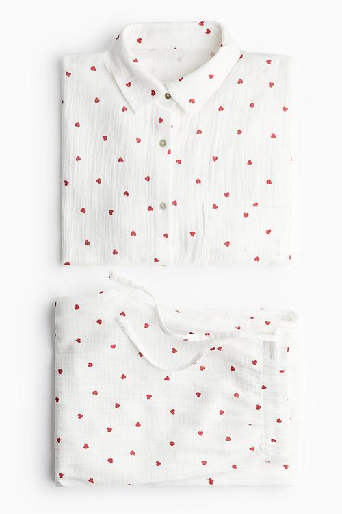 Cotton muslin pyjamas - white hearts