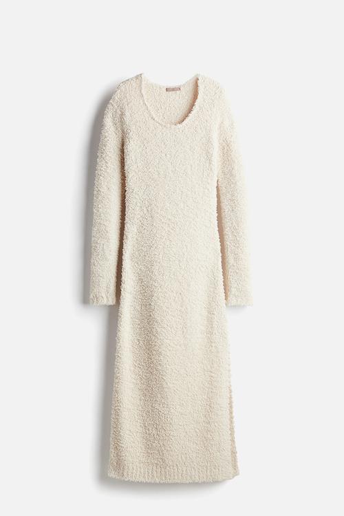 Fluffy-knit dress - light beige