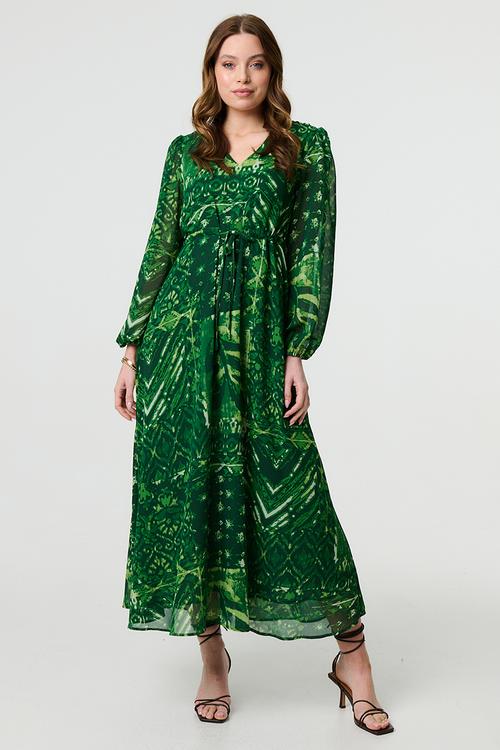 Leafy Printed Maxi Chiffon Dress - Green